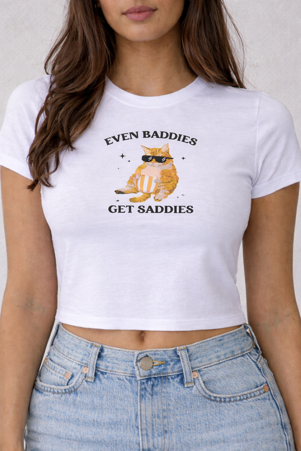 FO Baddies Get Saddies Baby Tee – White